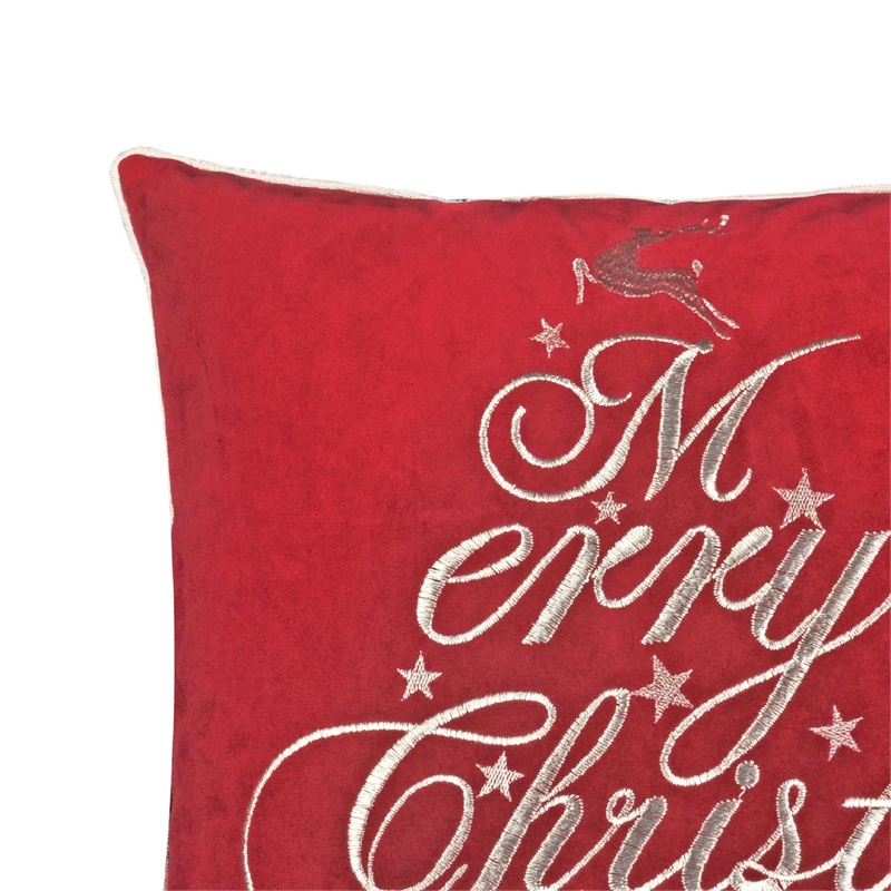 Aure Square Throw Pillow- Merry Christmas Embroidery- Red Velvet 20 Inch