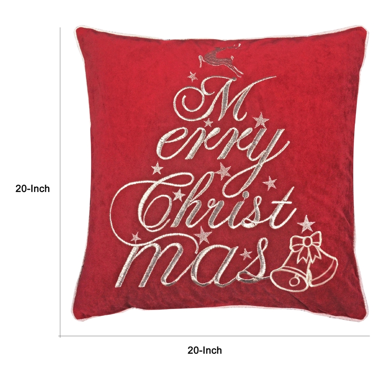 Aure Square Throw Pillow- Merry Christmas Embroidery- Red Velvet 20 Inch
