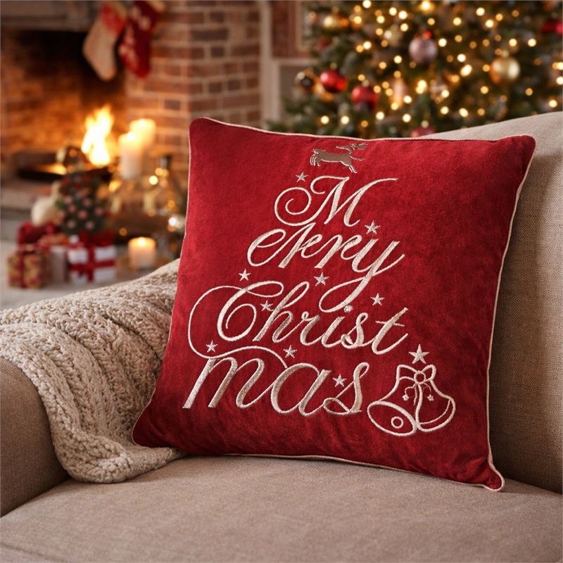Aure Square Throw Pillow- Merry Christmas Embroidery- Red Velvet 20 Inch