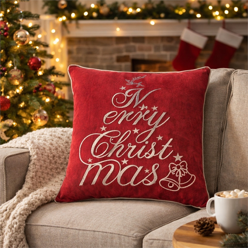Aure Square Throw Pillow- Merry Christmas Embroidery- Red Velvet 20 Inch