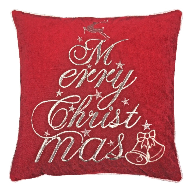 Aure Square Throw Pillow- Merry Christmas Embroidery- Red Velvet 20 Inch