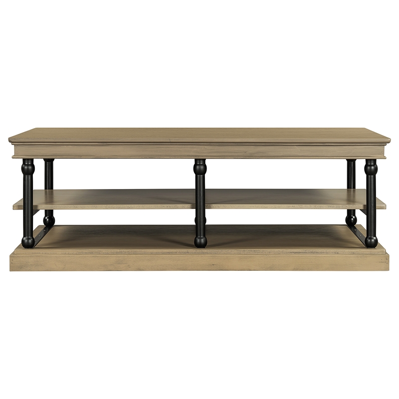 Bard Coffee Table- 55 Inch Brown Veneer- 2 Tier Shelves- Black Metal Legs