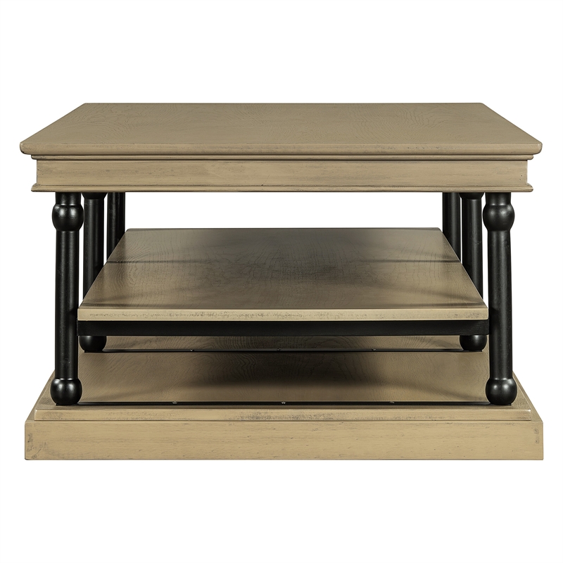 Bard Coffee Table- 55 Inch Brown Veneer- 2 Tier Shelves- Black Metal Legs