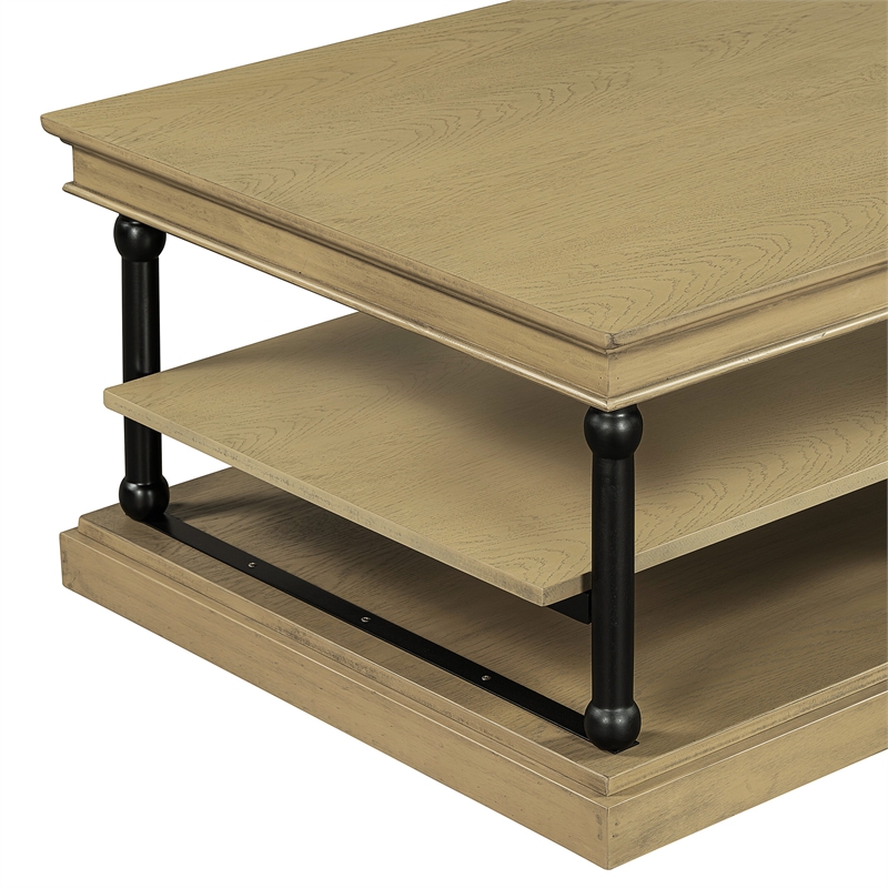 Bard Coffee Table- 55 Inch Brown Veneer- 2 Tier Shelves- Black Metal Legs