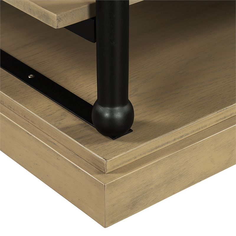 Bard Coffee Table- 55 Inch Brown Veneer- 2 Tier Shelves- Black Metal Legs