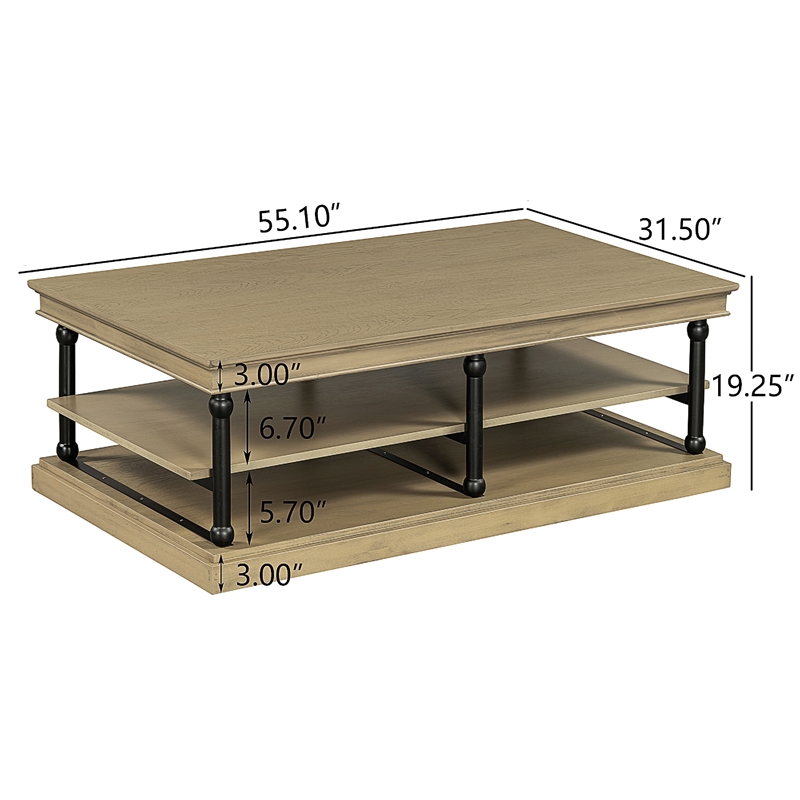 Bard Coffee Table- 55 Inch Brown Veneer- 2 Tier Shelves- Black Metal Legs