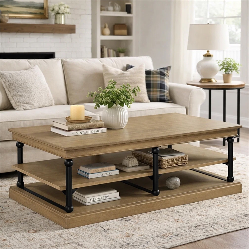 Bard Coffee Table- 55 Inch Brown Veneer- 2 Tier Shelves- Black Metal Legs