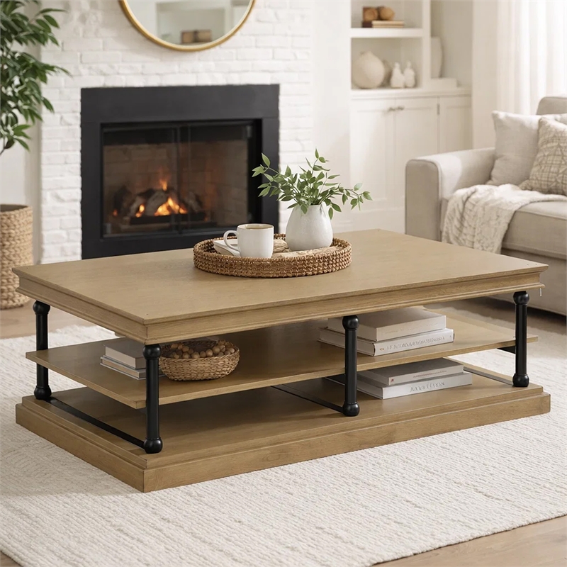 Bard Coffee Table- 55 Inch Brown Veneer- 2 Tier Shelves- Black Metal Legs