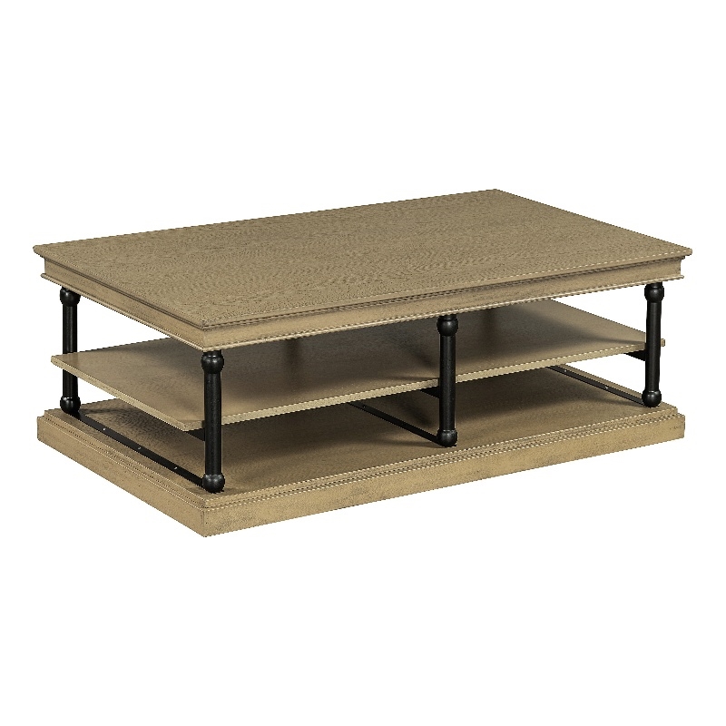 Bard Coffee Table- 55 Inch Brown Veneer- 2 Tier Shelves- Black Metal Legs