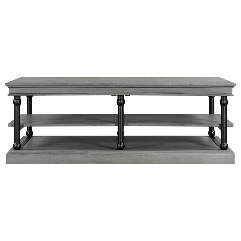 Bard Coffee Table- 55 Inch Gray Veneer- 2 Tier Shelves- Black Metal Legs