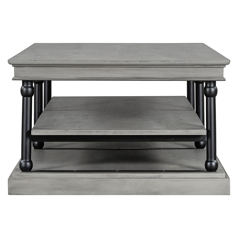 Bard Coffee Table- 55 Inch Gray Veneer- 2 Tier Shelves- Black Metal Legs