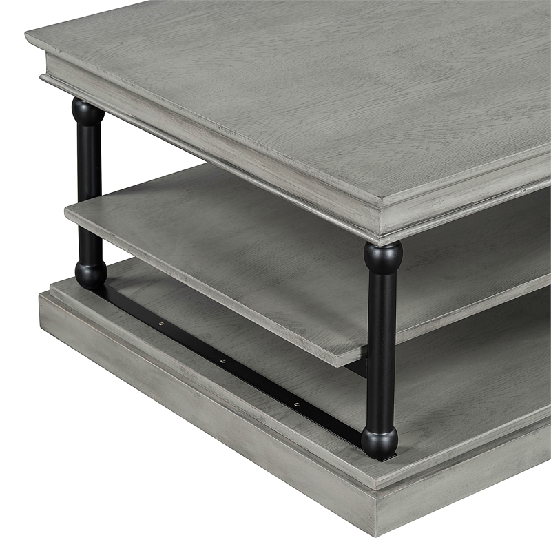 Bard Coffee Table- 55 Inch Gray Veneer- 2 Tier Shelves- Black Metal Legs