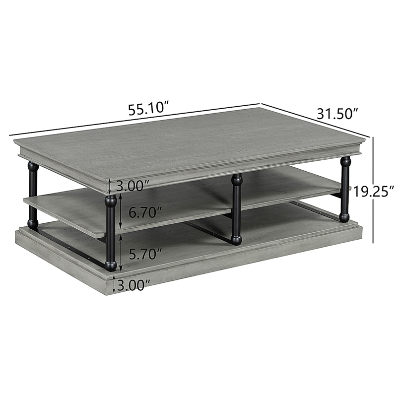 Bard Coffee Table- 55 Inch Gray Veneer- 2 Tier Shelves- Black Metal Legs