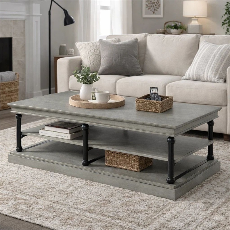 Bard Coffee Table- 55 Inch Gray Veneer- 2 Tier Shelves- Black Metal Legs