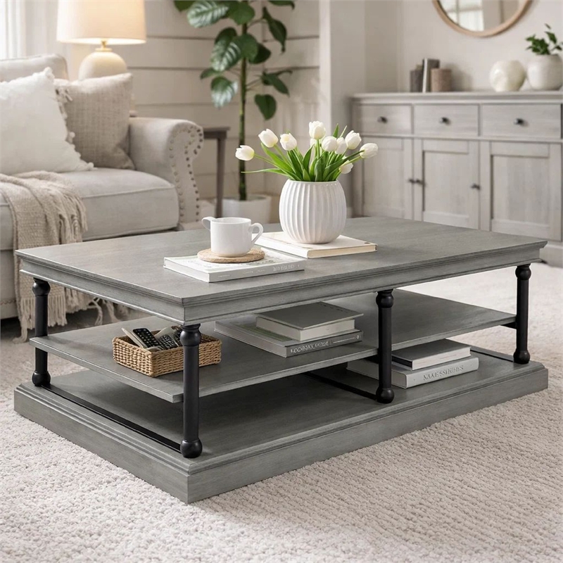 Bard Coffee Table- 55 Inch Gray Veneer- 2 Tier Shelves- Black Metal Legs