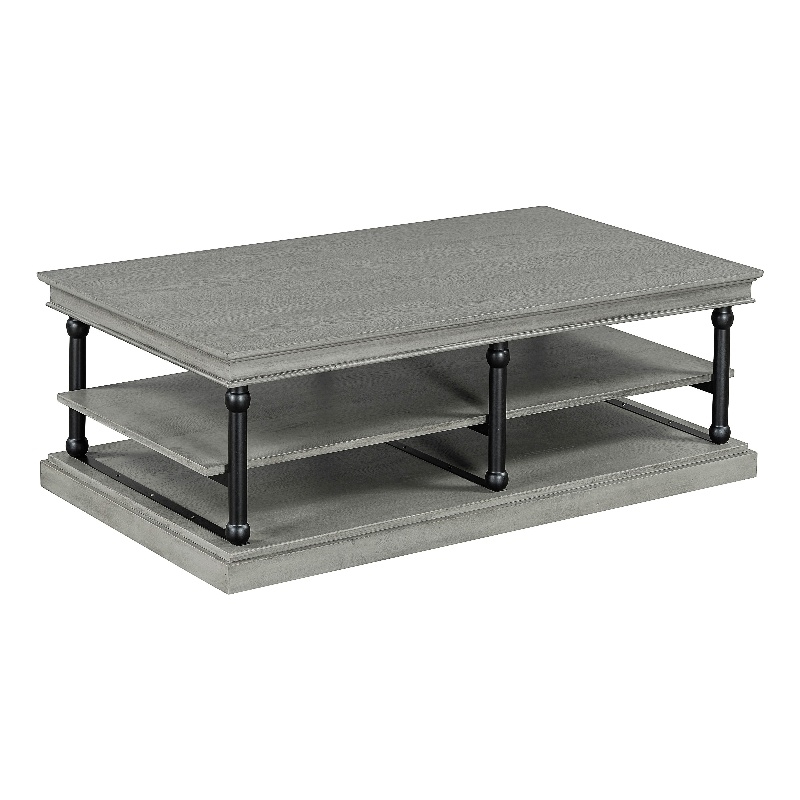 Bard Coffee Table- 55 Inch Gray Veneer- 2 Tier Shelves- Black Metal Legs