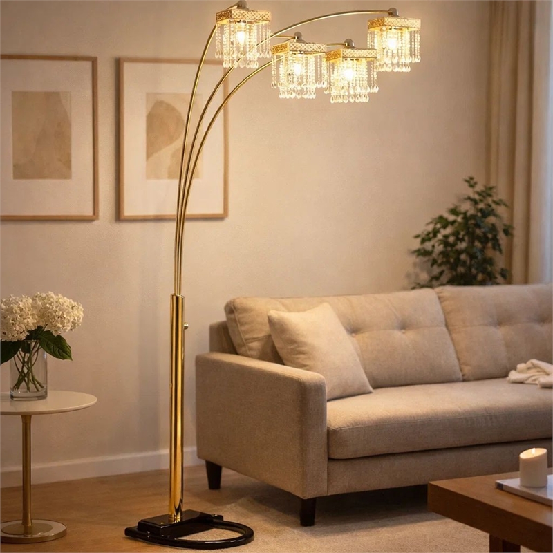 84 Inch Accent Arch Floor Lamp- Hanging 4 Square Crystal Shades- Gold