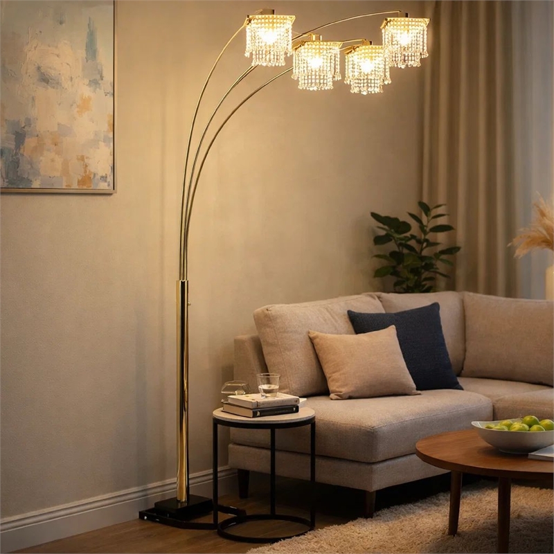 84 Inch Accent Arch Floor Lamp- Hanging 4 Square Crystal Shades- Gold