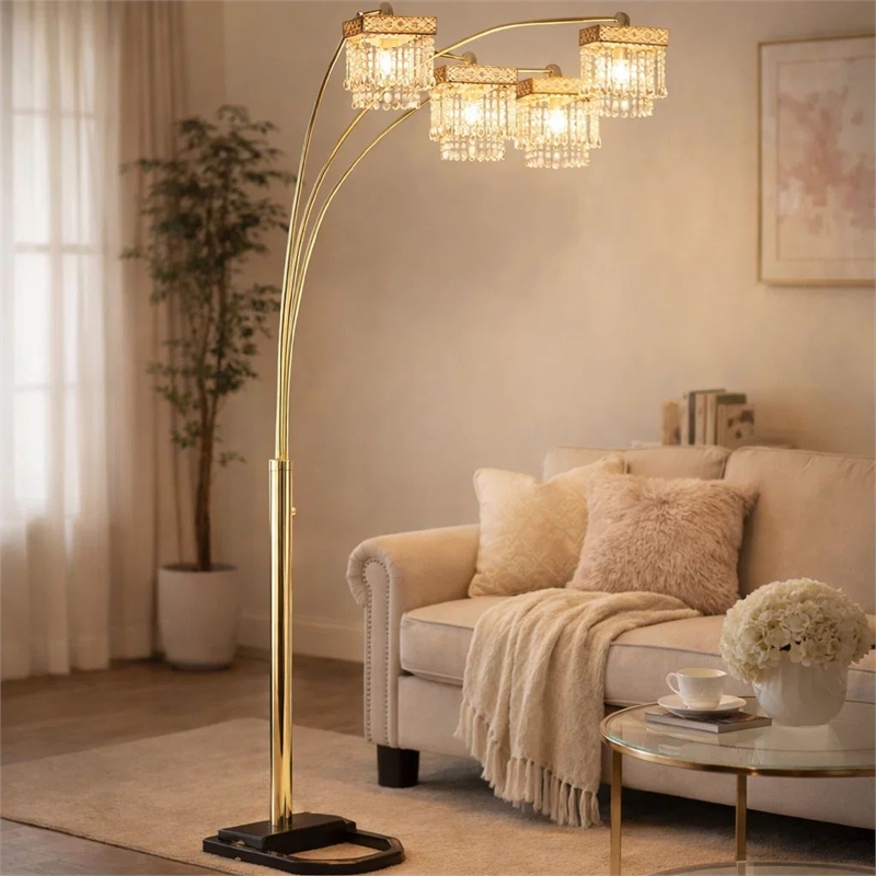 84 Inch Accent Arch Floor Lamp- Hanging 4 Square Crystal Shades- Gold