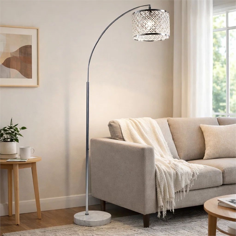 Arch Floor Lamp- Lattice Crystal Shade- Chrome Metal- Round Marble Base