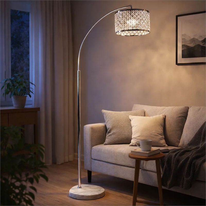 Arch Floor Lamp- Lattice Crystal Shade- Chrome Metal- Round Marble Base