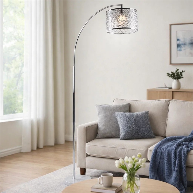 Arch Floor Lamp- Lattice Crystal Shade- Chrome Metal- Round Marble Base