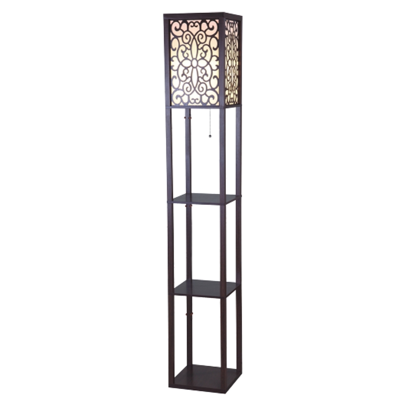 Corner Floor Lamp- 3 Shelves- Floral Carved White Fabric Shade- Brown Wood