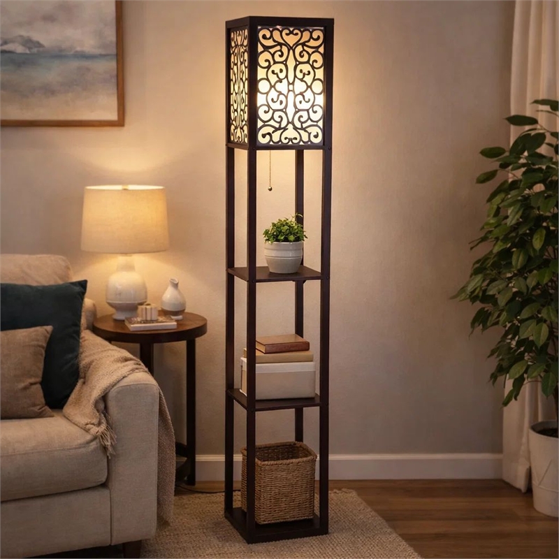 Corner Floor Lamp- 3 Shelves- Floral Carved White Fabric Shade- Brown Wood