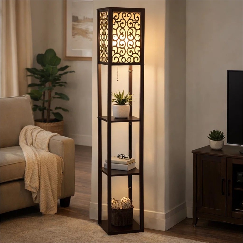 Corner Floor Lamp- 3 Shelves- Floral Carved White Fabric Shade- Brown Wood