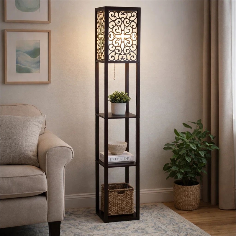 Corner Floor Lamp- 3 Shelves- Floral Carved White Fabric Shade- Brown Wood