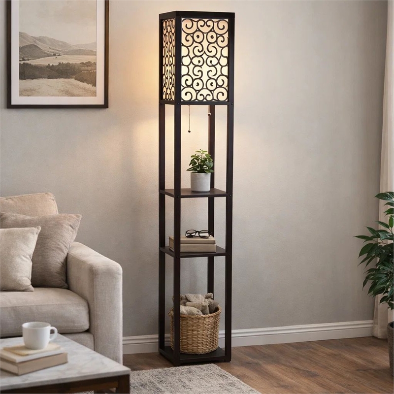 Corner Floor Lamp- 3 Shelves- Floral Carved White Fabric Shade- Brown Wood