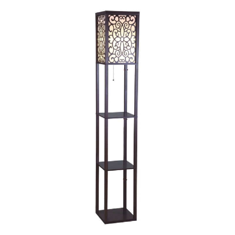 Corner Floor Lamp- 3 Shelves- Floral Carved White Fabric Shade- Brown Wood