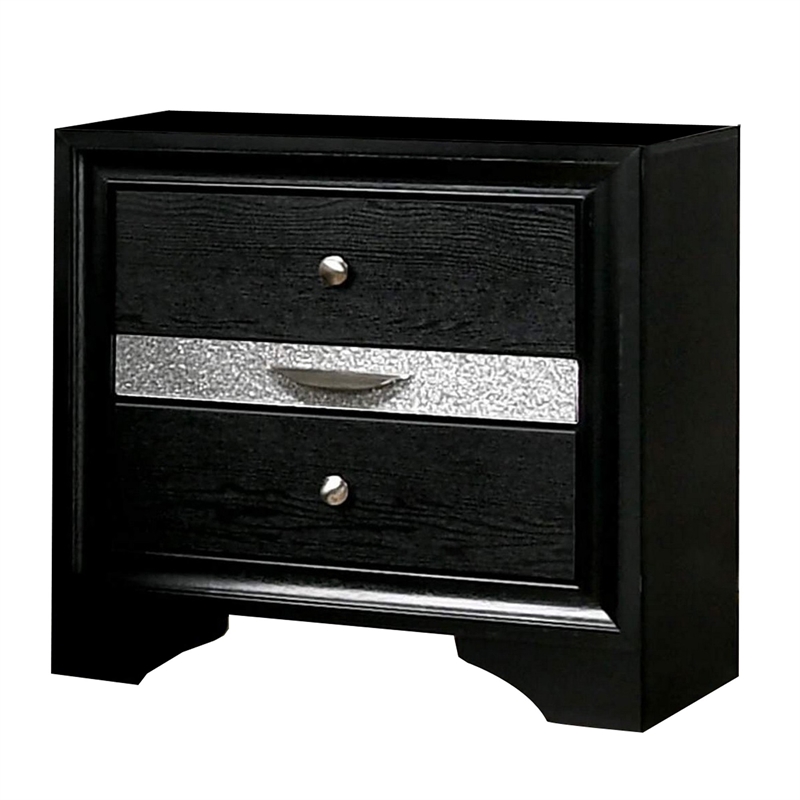 Queen Bedroom Set- Black- Silver Wood- 2 Piece Set with Nightstand