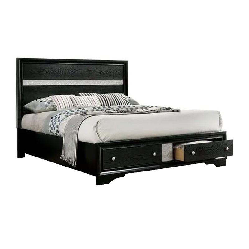Queen Bedroom Set- Black- Silver Wood- 2 Piece Set with Nightstand