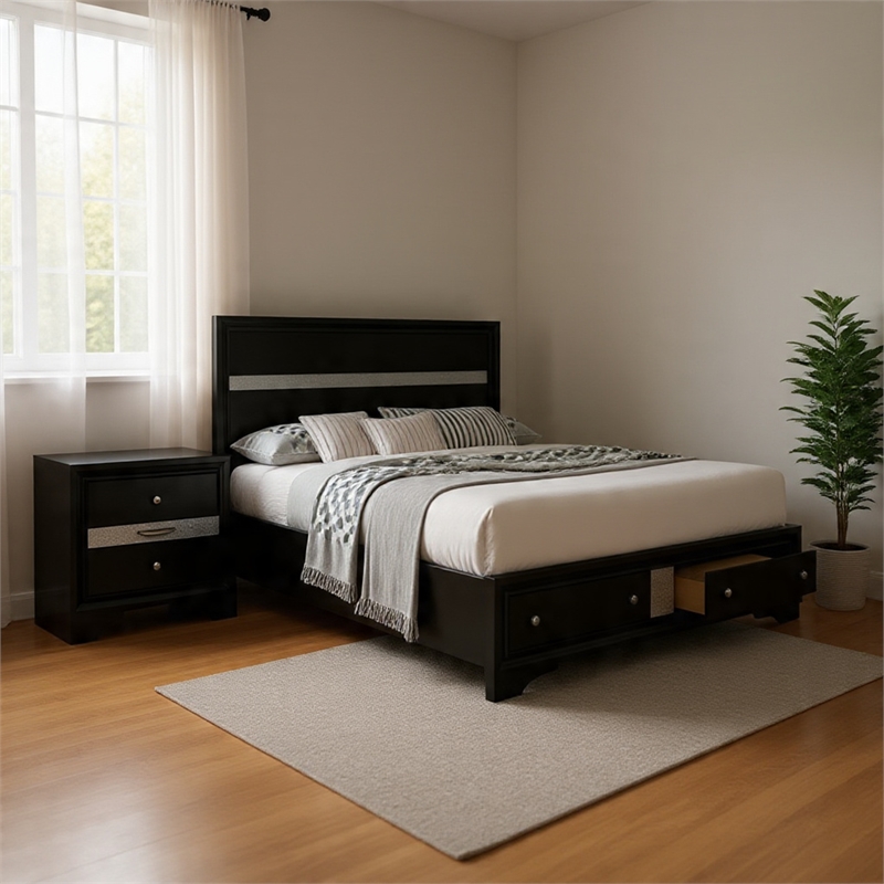 Queen Bedroom Set- Black- Silver Wood- 2 Piece Set with Nightstand