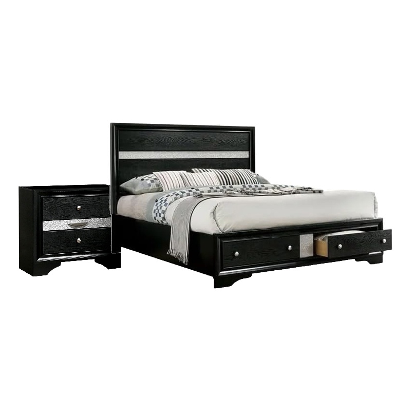 Queen Bedroom Set- Black- Silver Wood- 2 Piece Set with Nightstand
