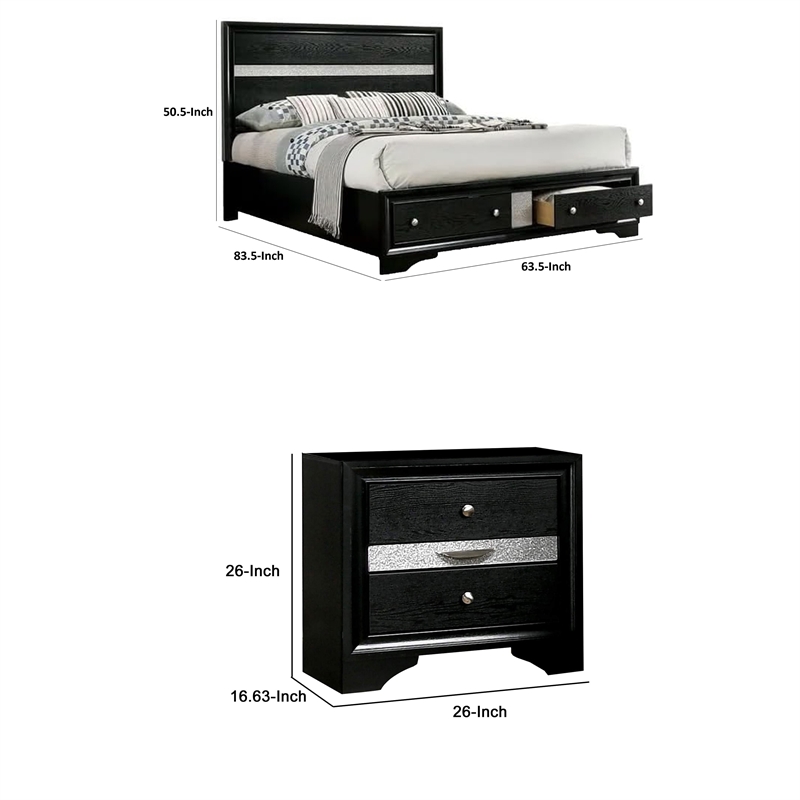 Queen Bedroom Set- Black- Silver Wood- 3 Piece Set with 2 Nightstands