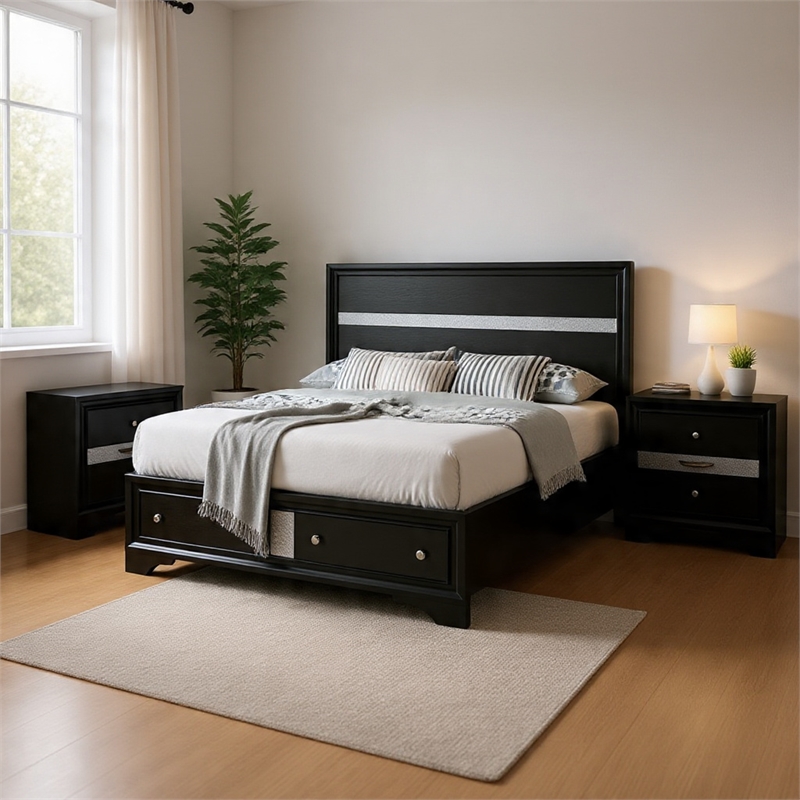 Queen Bedroom Set- Black- Silver Wood- 3 Piece Set with 2 Nightstands