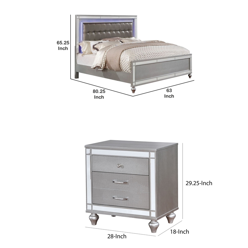 Queen Bedroom Set- Silver Wood- 2 Piece Set with Nightstand