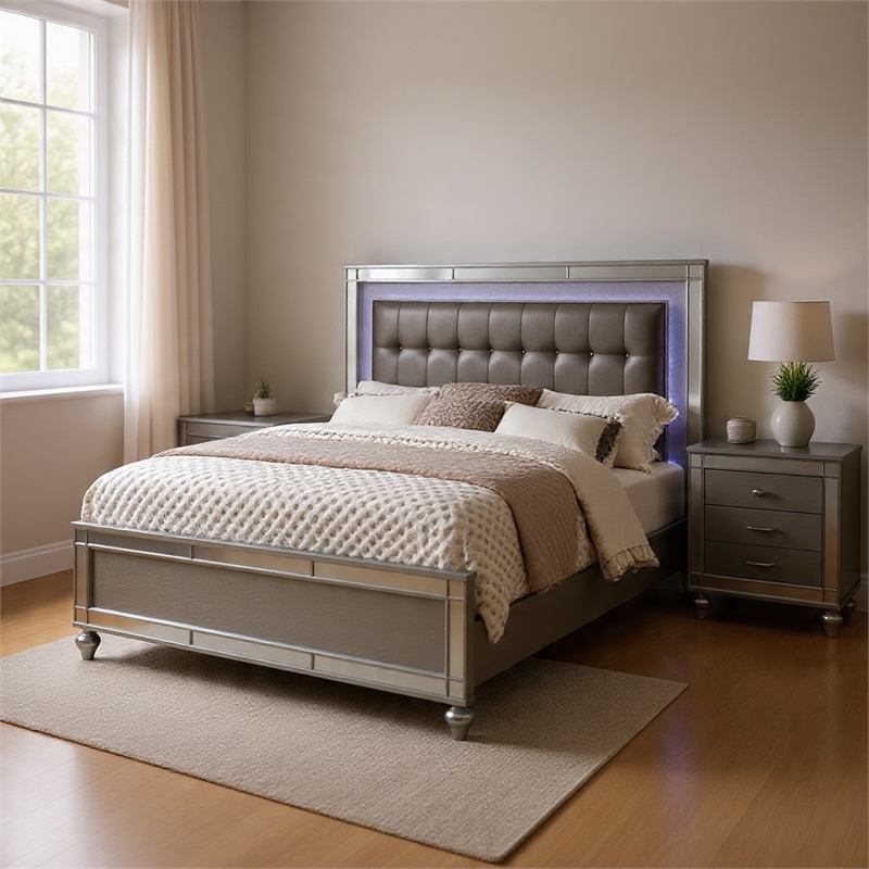 Queen Bedroom Set- Silver Wood- 2 Piece Set with Nightstand