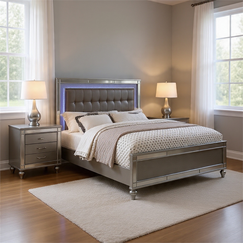 Queen Bedroom Set- Silver Wood- 2 Piece Set with Nightstand