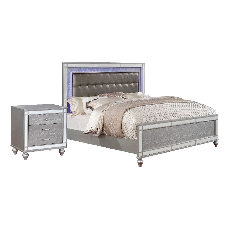 Queen Bedroom Set- Silver Wood- 2 Piece Set with Nightstand
