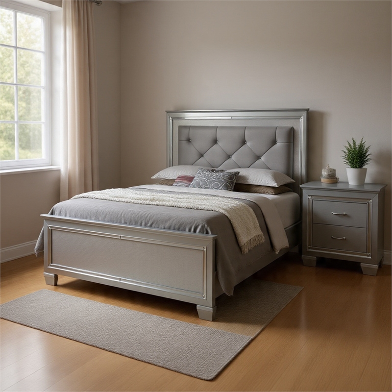 Queen Bedroom Set- Gray Wood- 2 Piece Set with Nightstand