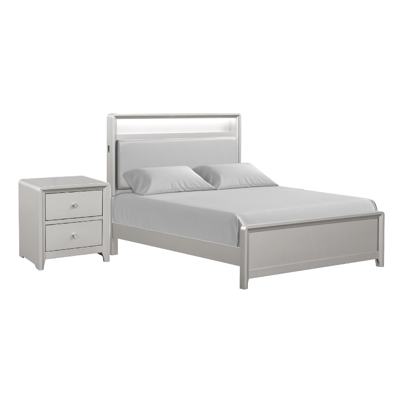Queen Bedroom Set- Champagne Gray-Champagne Silver Wood-2 Piece Set w Nightstand
