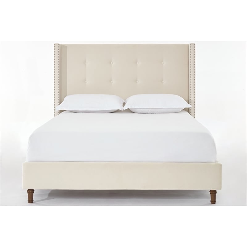 Pery Queen Size Bed with Button Tufted Headboard- Ivory Velvet Upholstery