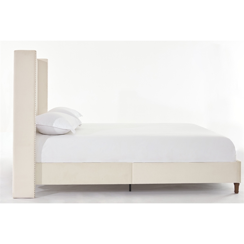 Pery Queen Size Bed with Button Tufted Headboard- Ivory Velvet Upholstery