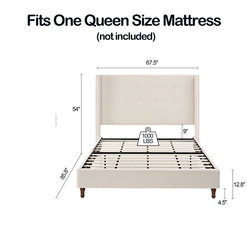 Pery Queen Size Bed with Button Tufted Headboard- Ivory Velvet Upholstery