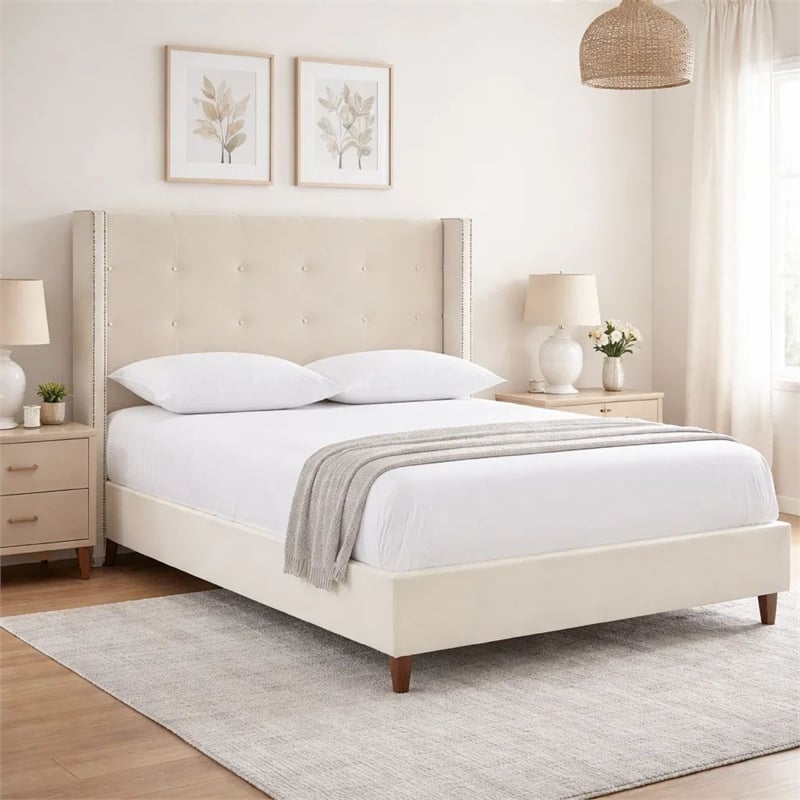 Pery Queen Size Bed with Button Tufted Headboard- Ivory Velvet Upholstery