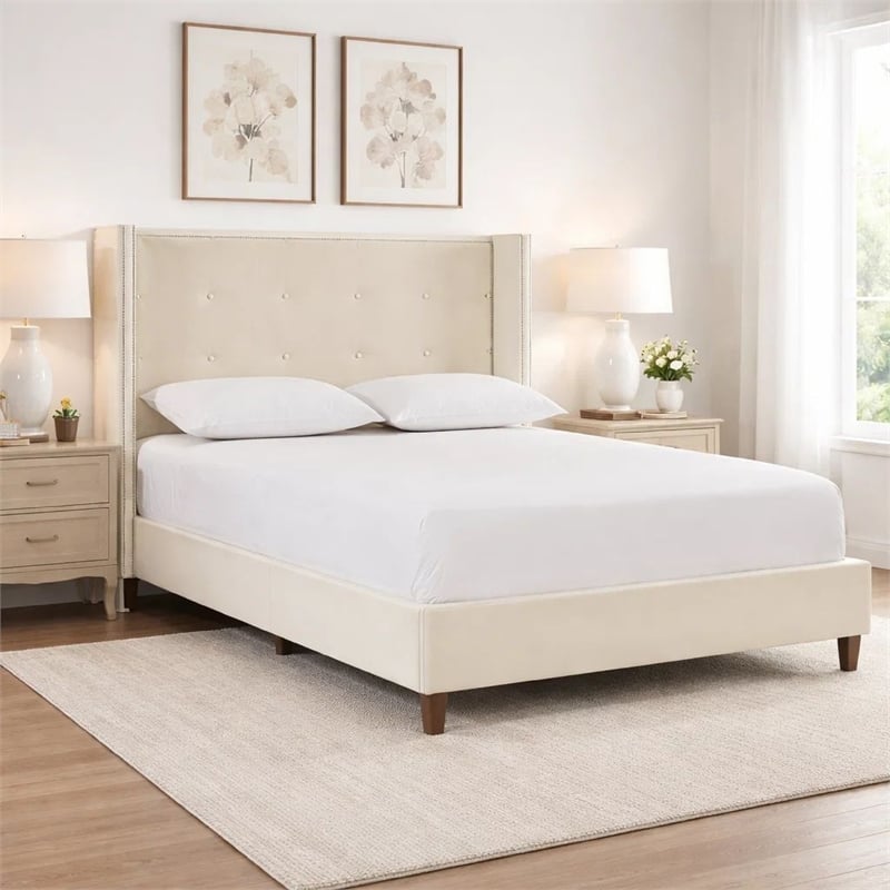 Pery Queen Size Bed with Button Tufted Headboard- Ivory Velvet Upholstery