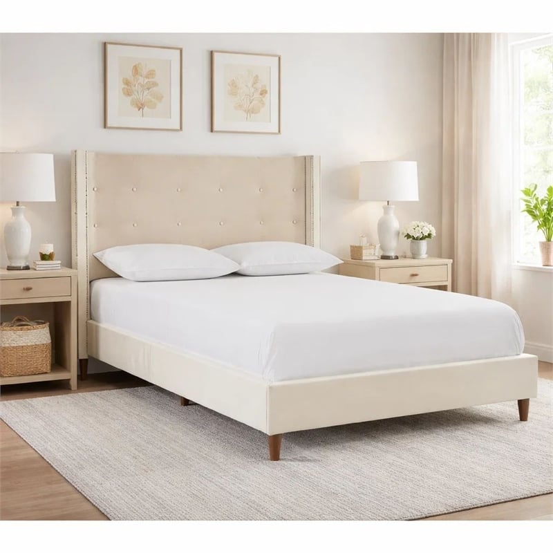 Pery Queen Size Bed with Button Tufted Headboard- Ivory Velvet Upholstery